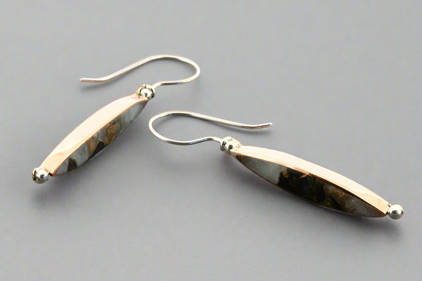 Seed shaped copper & silver earrings with bronzed calcite & obsidian