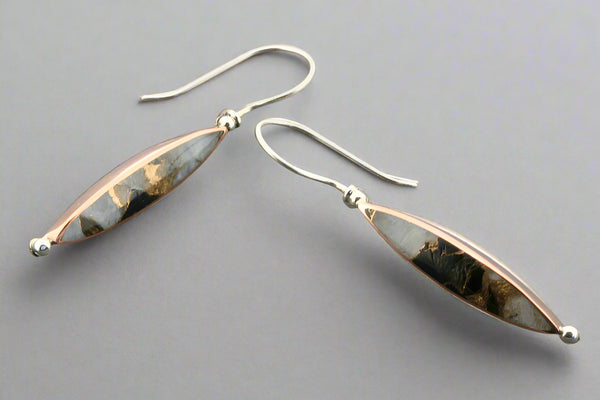 Seed shaped copper & silver earrings with bronzed calcite & obsidian