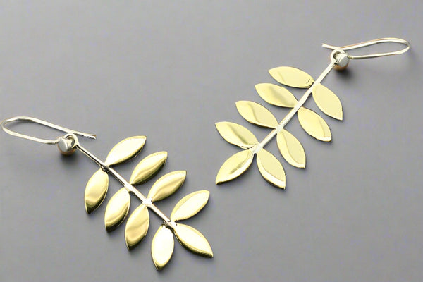 Straight 9 leaf earring - brass & silver