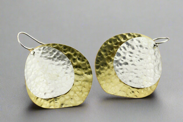 Organic double disc hammered earrings - silver & brass