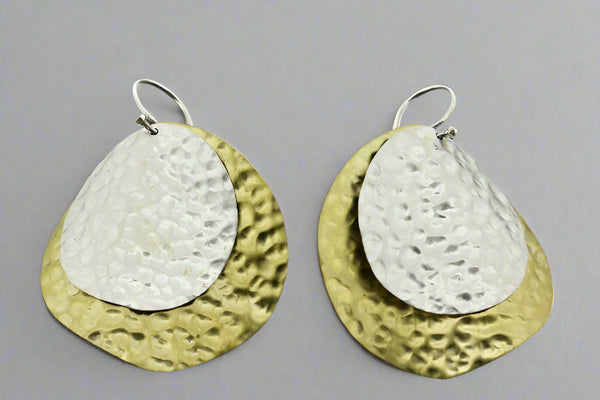 Organic double disc hammered earrings - silver & brass