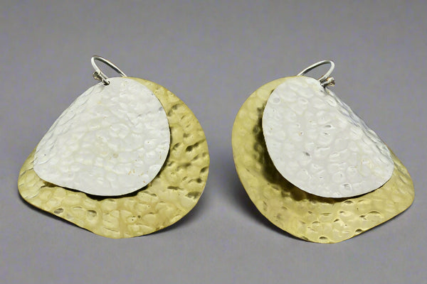 Organic double disc hammered earrings - silver & brass