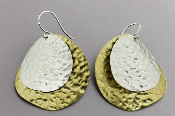 Organic double disc hammered earrings - silver & brass