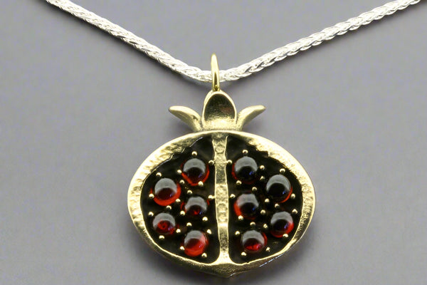 Pomegranate pendant on 55 cm silver chain - brass & garnet