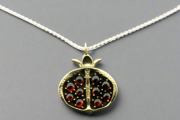 Pomegranate pendant on 55 cm silver chain - brass & garnet